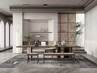 Quiet study room rattan desk and chair combination partition 3d model