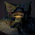 Old Wooden Cottage Model With Mossy Roof Wooden Dock And Small Boat On Stone Base