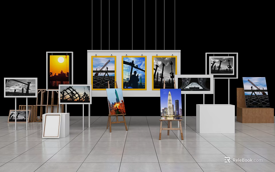 Art Gallery Exhibition With Various Paintings On Easels And Display Platforms 3d model 