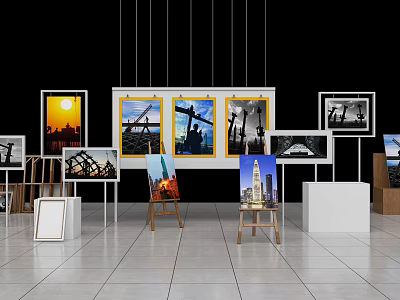 Art Gallery Exhibition With Various Paintings On Easels And Display Platforms 3d model