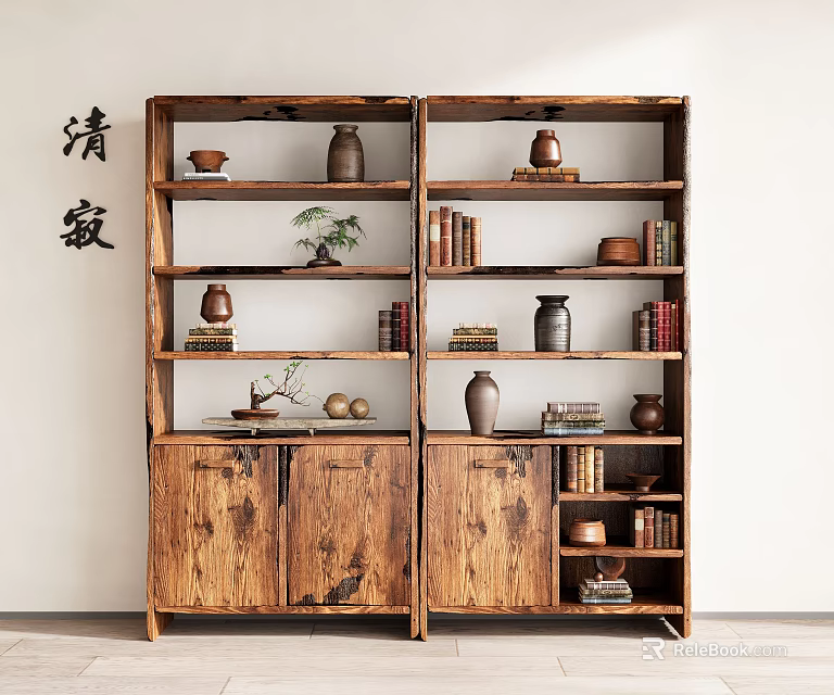 Chinese Style Wooden Shelf With Multiple Layers Holding Ceramic Vases Books And Small Plants 3d model 
