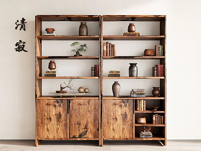 Chinese Style Wooden Shelf With Multiple Layers Holding Ceramic Vases Books And Small Plants 3d model