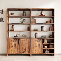 Chinese Style Wooden Shelf With Multiple Layers Holding Ceramic Vases Books And Small Plants