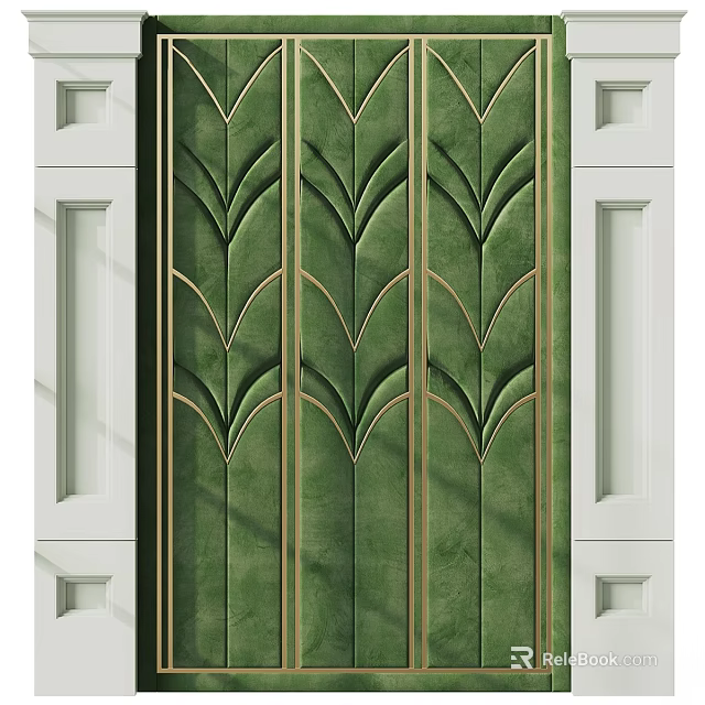 Green Velvet Door With Gold Decorative Lines And Leaf Patterns In White Frame 3d model 