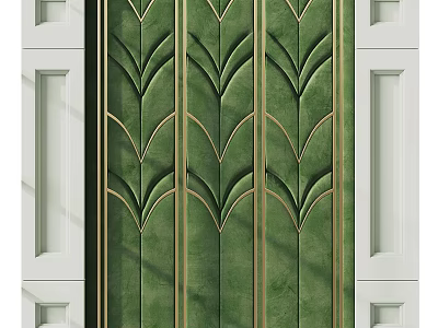 Green Velvet Door With Gold Decorative Lines And Leaf Patterns In White Frame 3d model