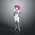 3D Character Model With Pink Hair White Outfit Red R Logo Earrings Gray Gloves Stockings