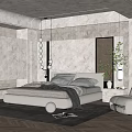 Modern Bedroom Interior With Pendant Lights Platform Bed Area Rug Accent Chair And Green Plant