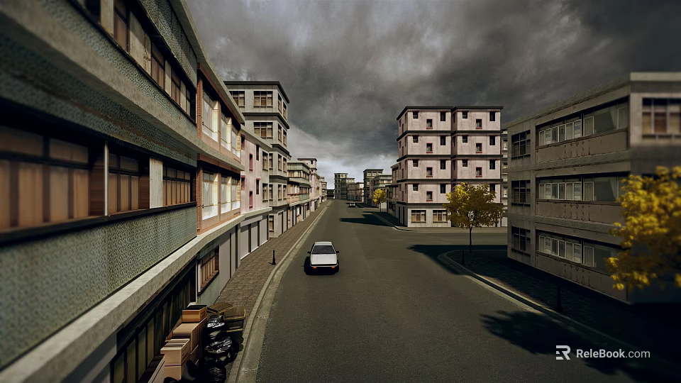 Urban Commercial Street With Multi Story Buildings Sidewalks White Car And Overcast Sky 3d model 