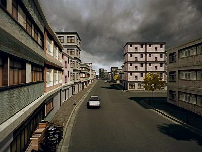 Urban Commercial Street With Multi Story Buildings Sidewalks White Car And Overcast Sky 3d model