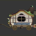 Colorful Cartoon Style Mobile Cart With Red Roof Windows Green Plants And Wheels