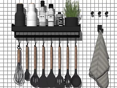 Hanging Kitchen Utensils With Black Shelf Bottles Potted Herb And Towel On Grid Wall 3d model