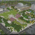 Modern Birds Eye View Planning of Green Square with Domed Building Trees Roads and Vegetation