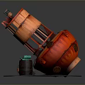 3D Model Red Mechanical Cannon With Wooden Structure Grated Base And Barrel
