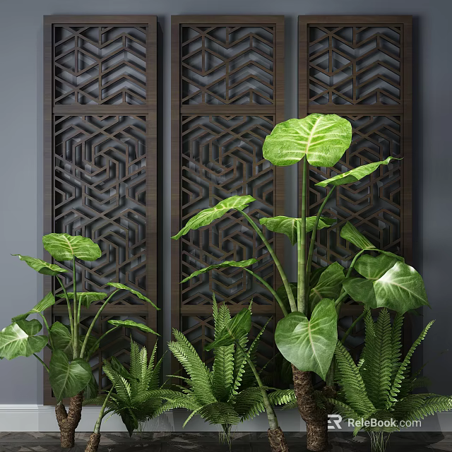 Large Green Plants and Ferns in Front of Dark Wooden Laser Cut Screens 3d model 