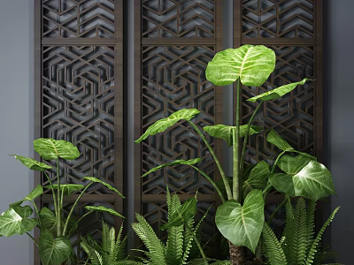 Large Green Plants and Ferns in Front of Dark Wooden Laser Cut Screens 3d model