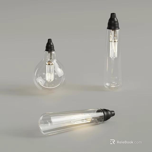 Transparent Glass Light Bulbs With Black Bases And Filaments In Various Shapes 3d model 