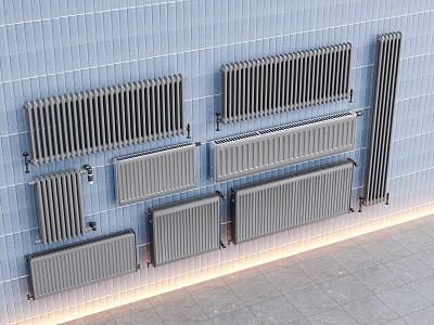 Gray Radiators Mounted On Blue Tiled Wall With Various Styles And Designs 3d model