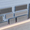 Gray Radiators Mounted On Blue Tiled Wall With Various Styles And Designs 3d model