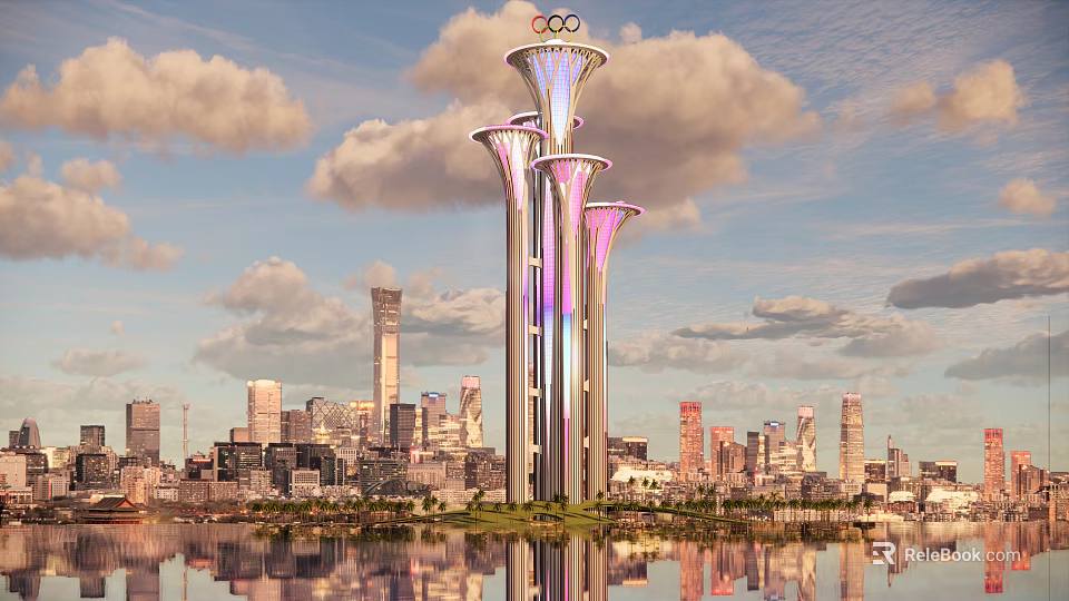 Illuminated Landscape Sculpture With Three Towers Olympic Rings And City Water Reflection 3d model 