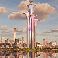 Illuminated Landscape Sculpture With Three Towers Olympic Rings And City Water Reflection