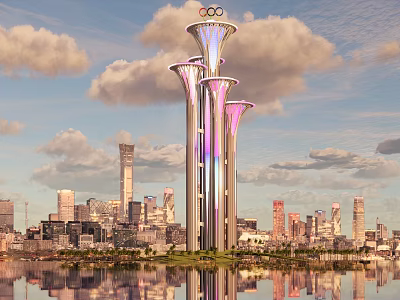 Illuminated Landscape Sculpture With Three Towers Olympic Rings And City Water Reflection 3d model