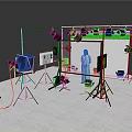 Professional Photo Studio Setup With Green Screen Lighting Equipment Tripods Monitor And Microphone