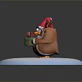 Cartoon Penguin In Santa Costume And Reindeer Antler Character With Green Gift Box