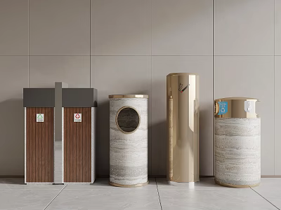 Modern Stylish Trash Bins With Wooden Panels Marble Textures And Metallic Accents 3d model