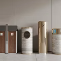 Modern Stylish Trash Bins With Wooden Panels Marble Textures And Metallic Accents