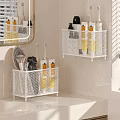Modern Bathroom Accessories With White Grid Storage Racks And Organized Toiletries