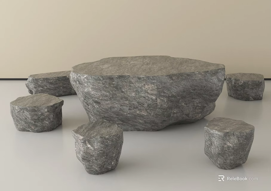 Natural Stone Outdoor Table with Surrounding Rustic Stone Stools for Garden Patio Use 3d model