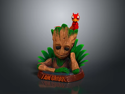 Sitting Groot Statue With Small Red Creature On Green Leaf Base Featuring I AM GROOT 3d model