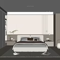 Modern Minimalist Bedroom Interior With King Bed Nightstands Accent Chair Built-in Wardrobe And Area Rug