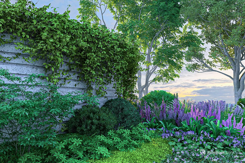 Lush Shrubs With Green Plants And Purple Flowers By Stone Wall With Ivy And Trees 3d model 
