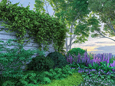 Lush Shrubs With Green Plants And Purple Flowers By Stone Wall With Ivy And Trees 3d model