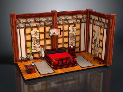 Cartoon Scene of Traditional Chinese Room With Wooden Screens Red Bed and Decorative Elements 3d model