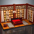 Cartoon Scene of Traditional Chinese Room With Wooden Screens Red Bed and Decorative Elements