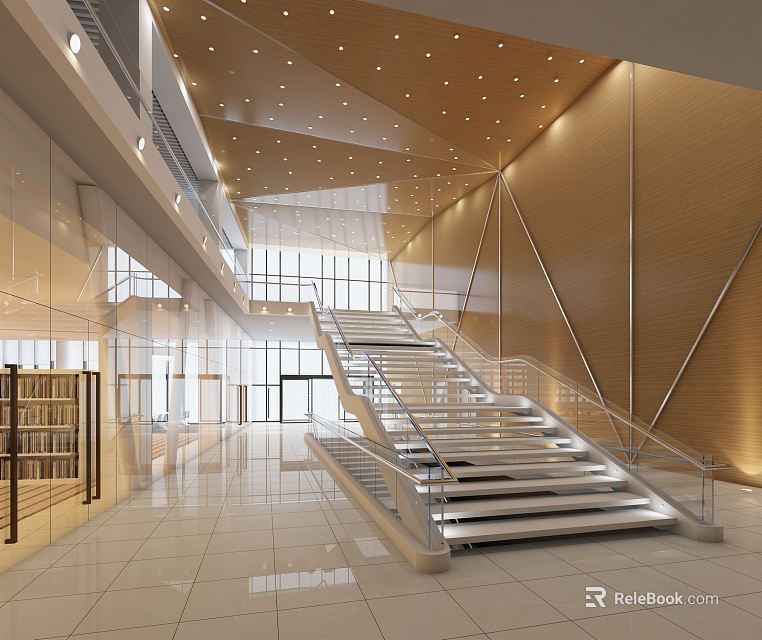 Spacious Modern Hotel Lobby With Elegant Staircase Glass Railing Wooden Walls And Ceiling Lights 3d model 