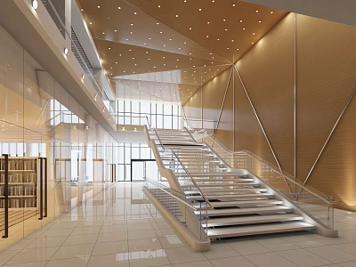 Spacious Modern Hotel Lobby With Elegant Staircase Glass Railing Wooden Walls And Ceiling Lights 3d model