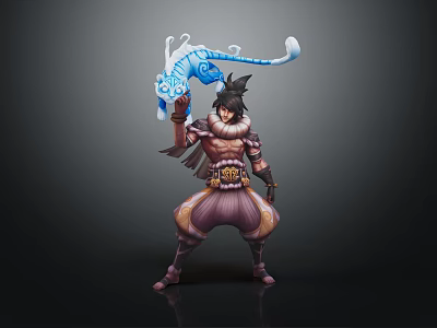 Warrior Character With Black Hair Holding Blue Glowing Spirit Creature In Purple Outfit 3d model