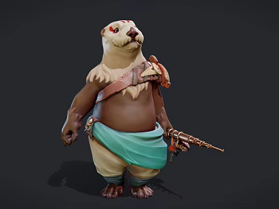 Anthropomorphic Otter Character With Red Facial Markings Leather Strap Turquoise Cloth And Handheld Gun 3d model
