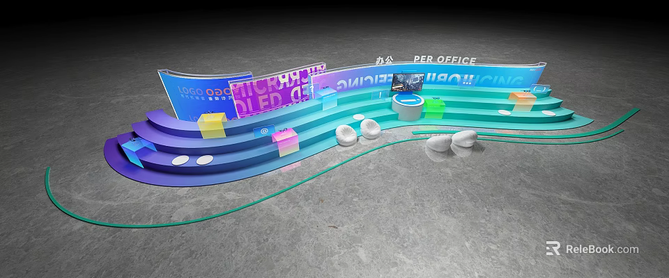 Interactive Zone With Colorful Curved Structures Digital Displays And Seating Areas 3d model 