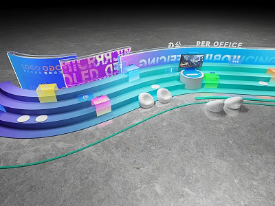 Interactive Zone With Colorful Curved Structures Digital Displays And Seating Areas 3d model