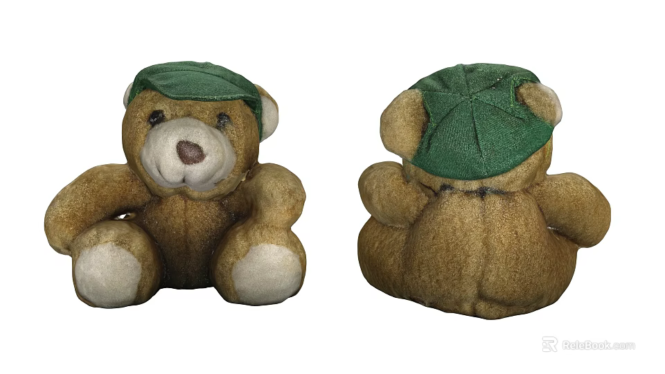 Brown Teddy Bear Doll with Green Hat Front and Back Views 3d model 
