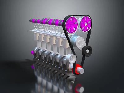 Automotive Engine Camshaft Components With Pink Gears Black Pulleys And Silver Valves 3d model