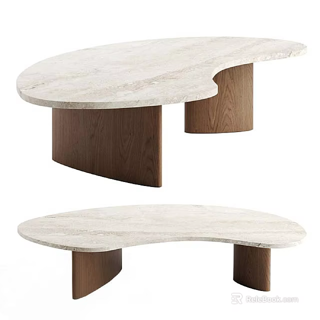 Stylish Curved Side Table With Marble Top And Wooden Legs Design 3d model 