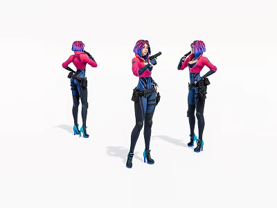Game Movie Character With Pink Blue Hair Red Top Black Pants Holding Gun High Heels 3d model