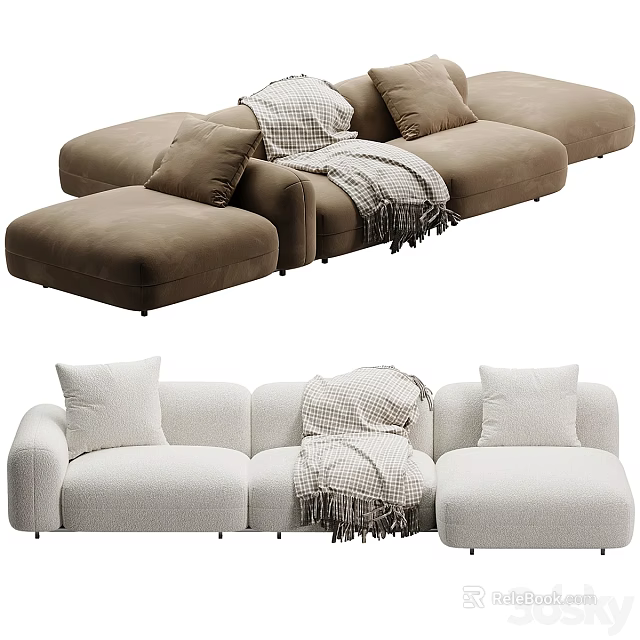 Modern Brown and White Sectional Sofas with Throw Pillows and Fringed Blanket 3d model 