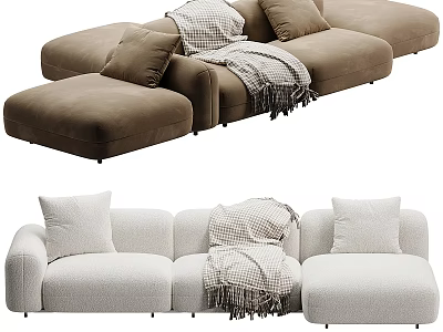 Modern Brown and White Sectional Sofas with Throw Pillows and Fringed Blanket 3d model