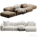 Modern Brown and White Sectional Sofas with Throw Pillows and Fringed Blanket 3d model